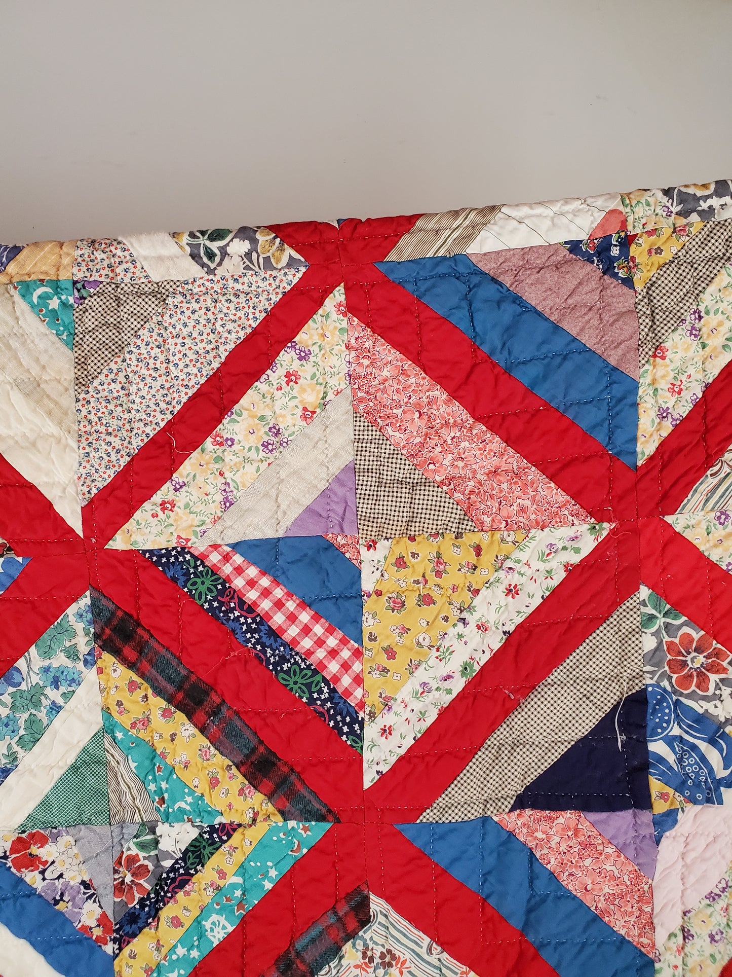 Vintage String Quilt with Feed Sack Cloth, ca 1950