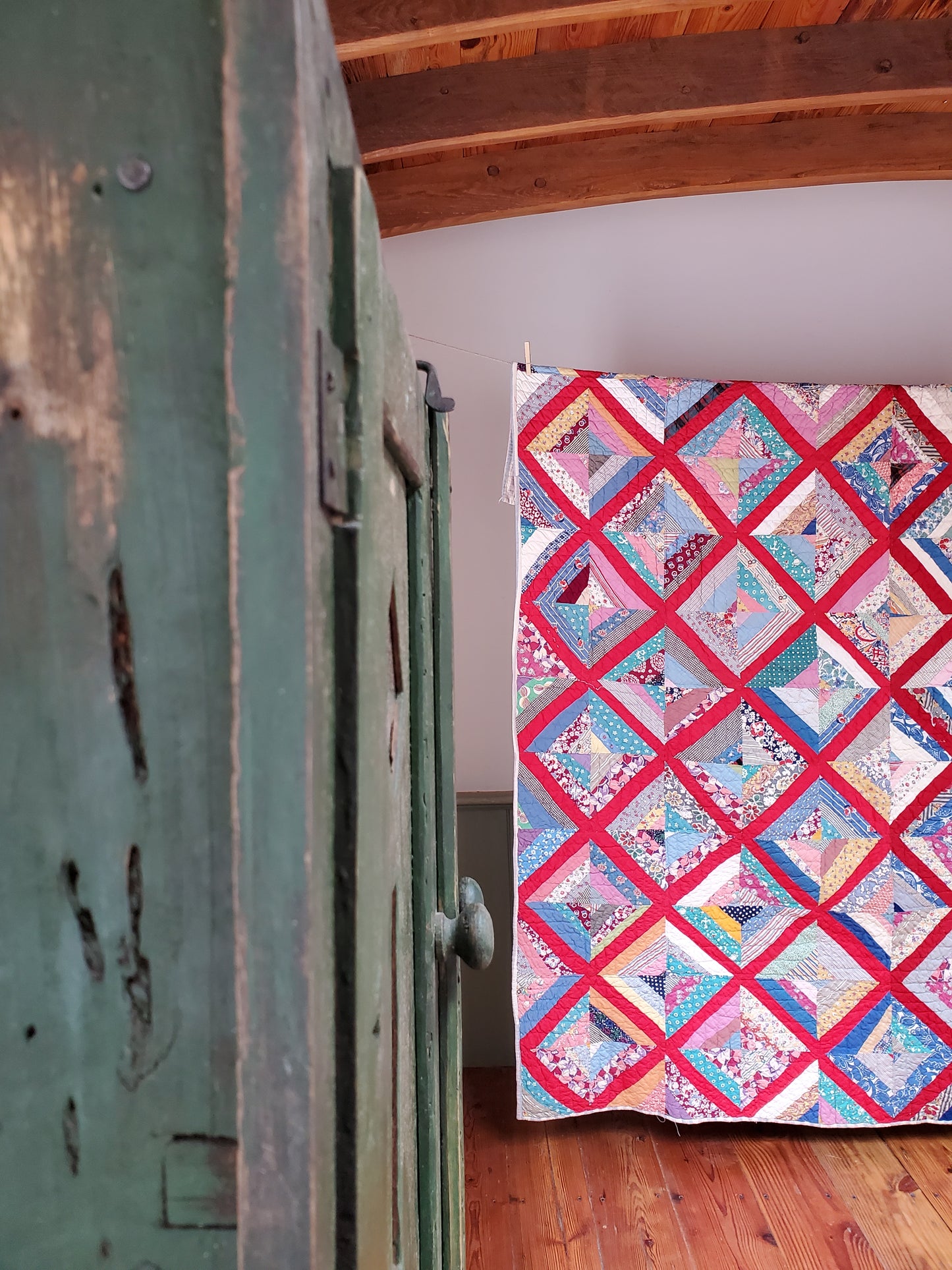 Vintage String Quilt with Feed Sack Cloth, ca 1950