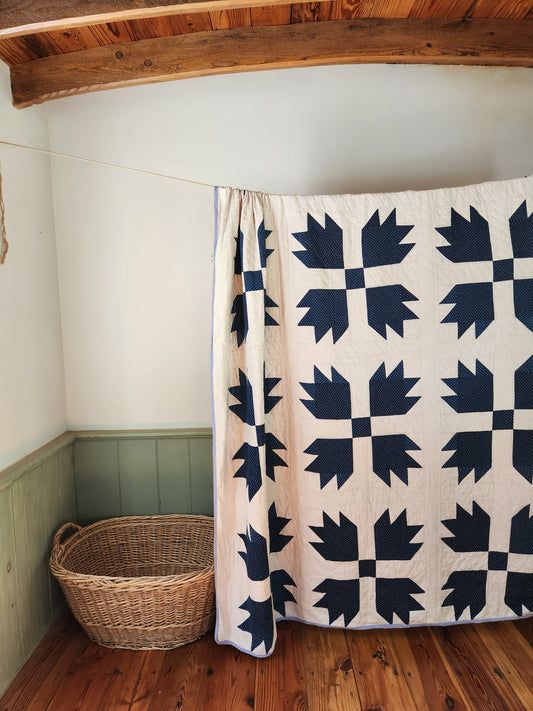Antique Indigo and White Bear Paw Quilt c1900