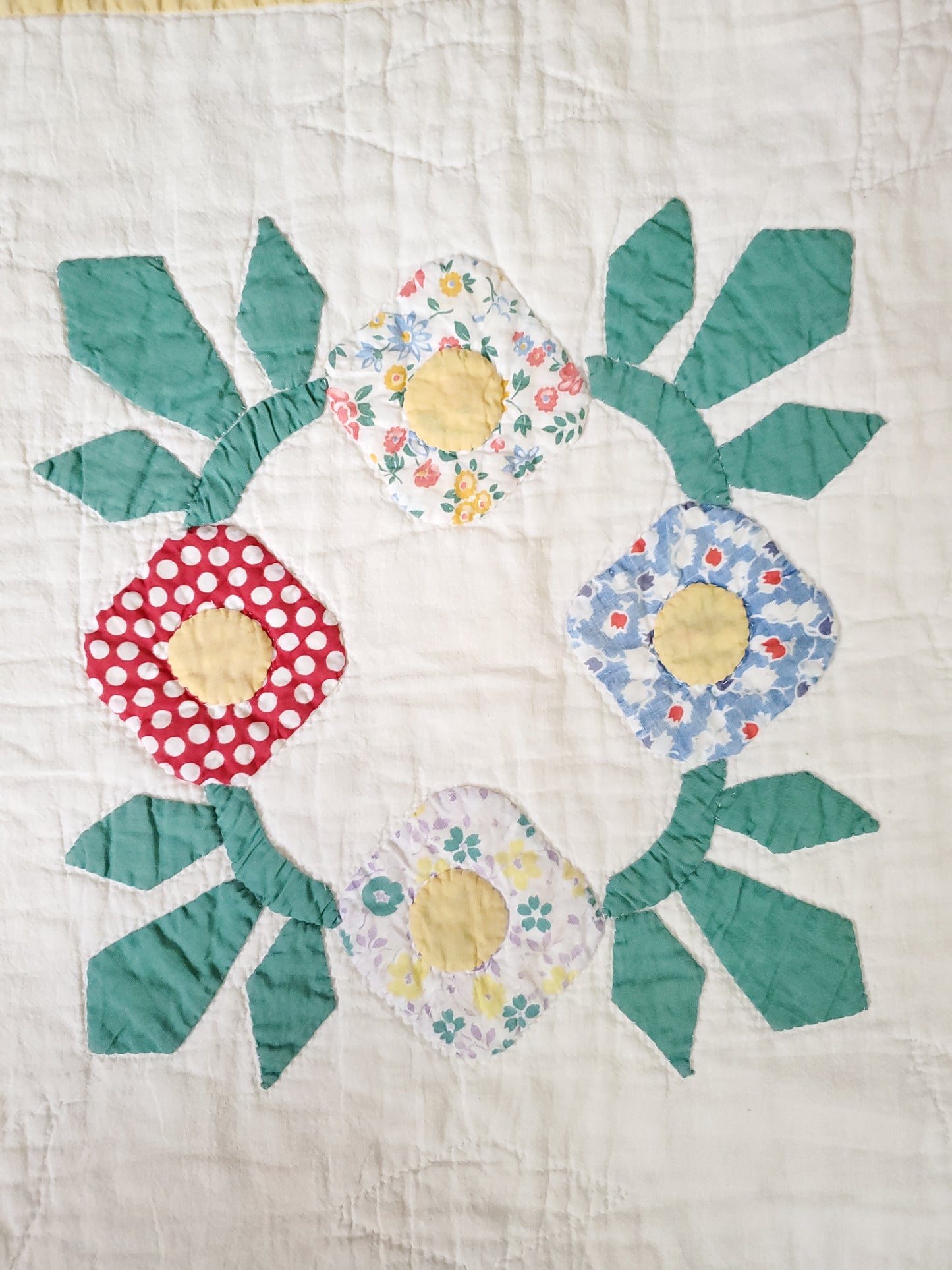 Feed Sack Wreath Applique Quilt, ca 1930