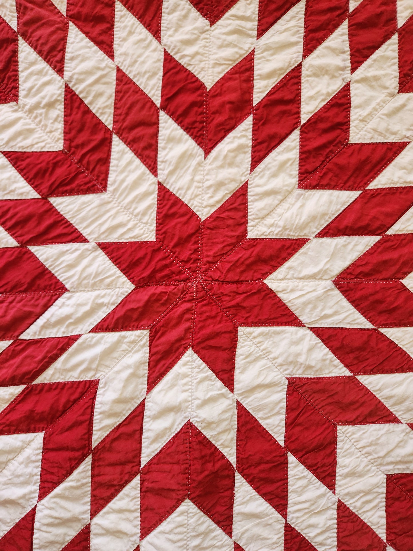 Antique Red and White Lone Star Quilted Coverlet c1900