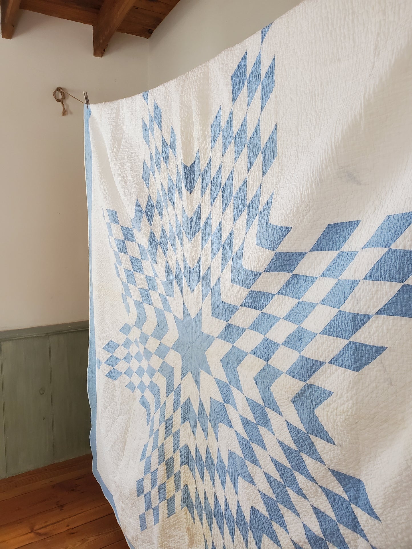 Blue and White Lone Star / Star of Bethlehem Vintage Quilt, ca 1900