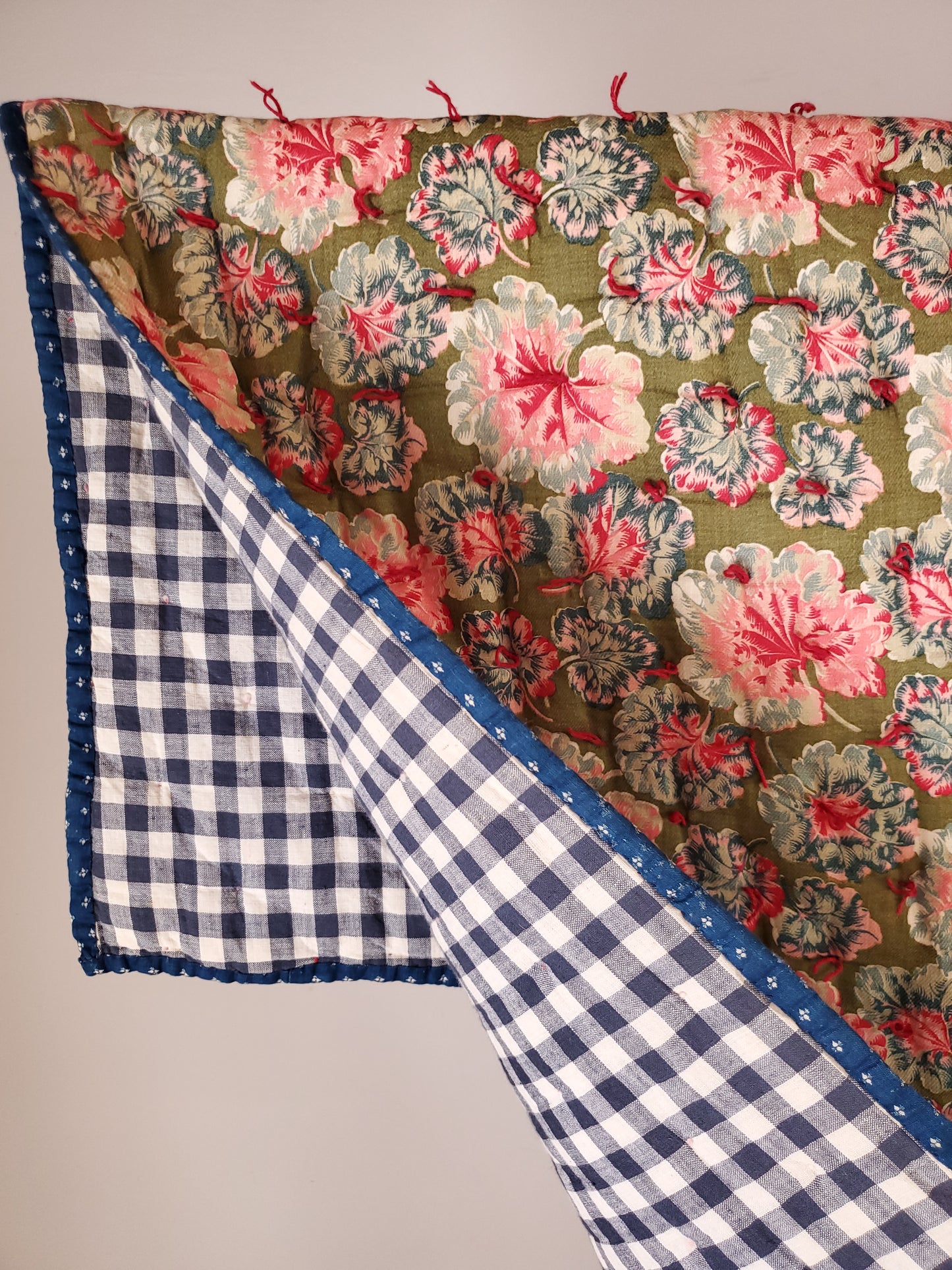 Antique Whole Cloth Geranium and Gingham Hand Tied Quilt