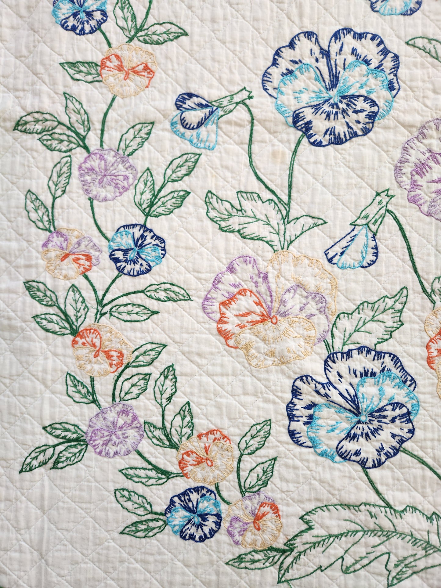 Vintage Pansy Embroidered Quilt c1940