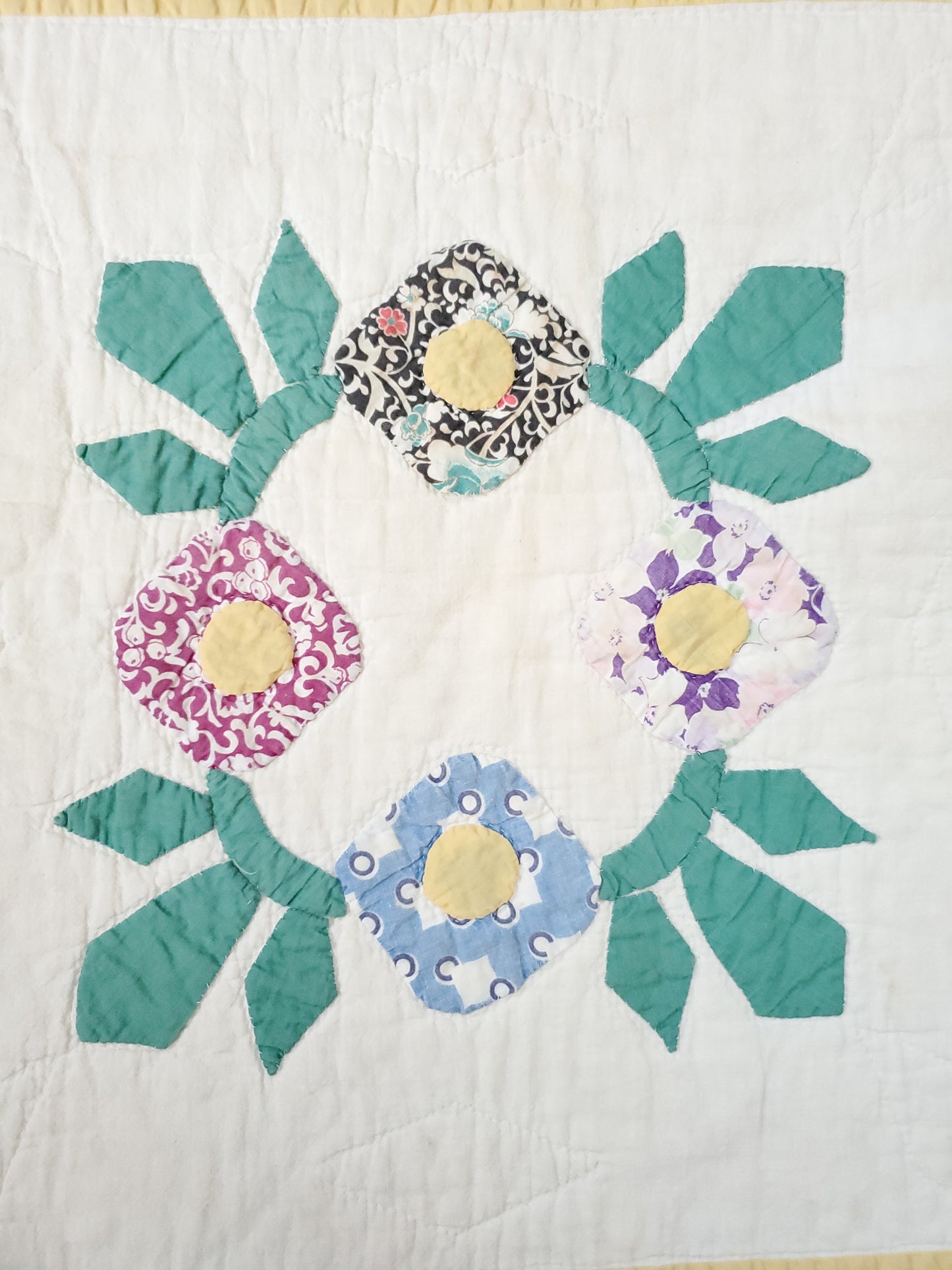 Feed Sack Wreath Applique Quilt, ca 1930