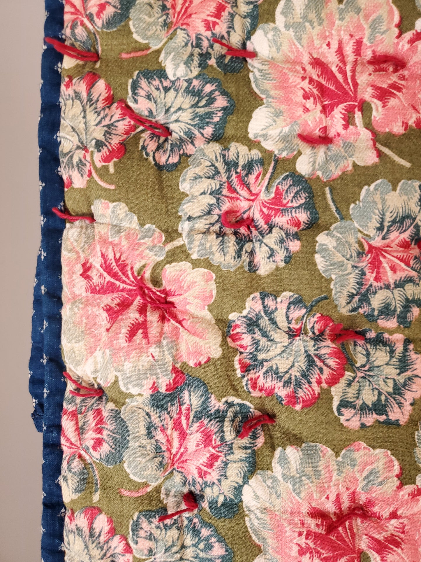 Antique Whole Cloth Geranium and Gingham Hand Tied Quilt