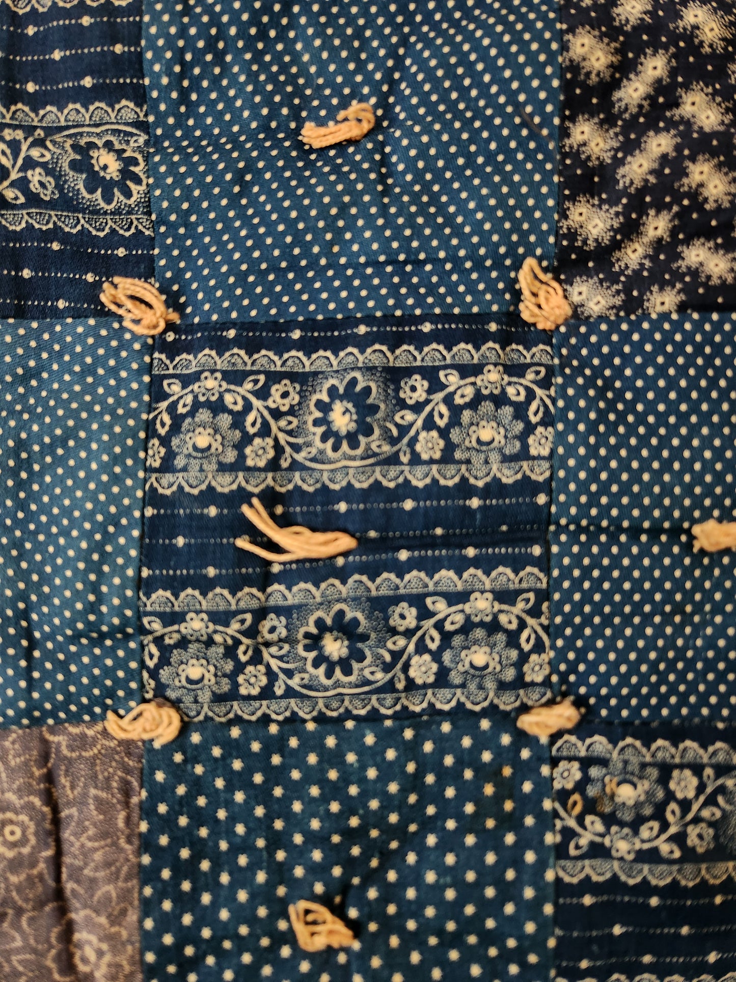 Antique Hand Tied Indigo Blue Patchwork Comforter Quilt