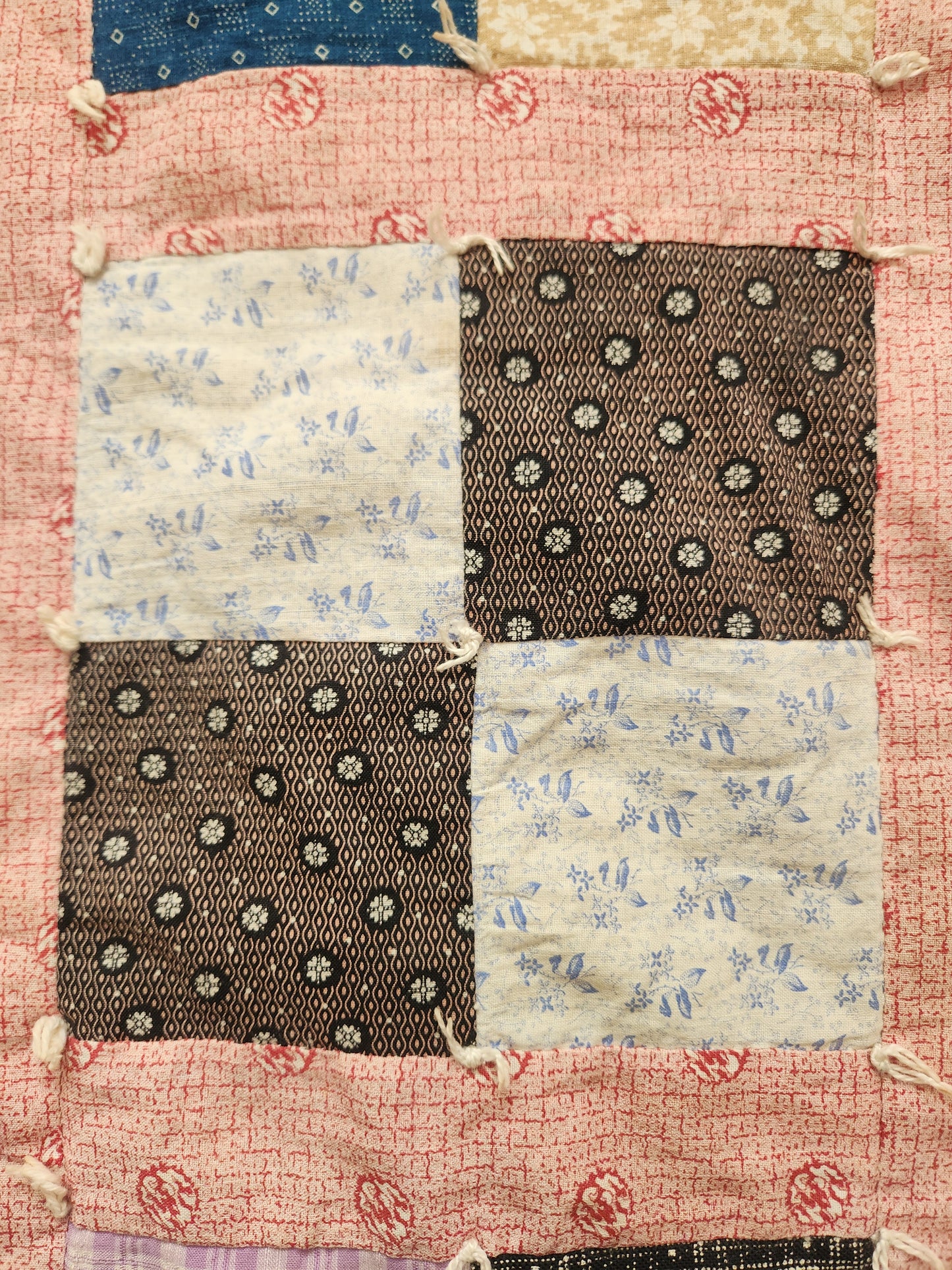 Vintage Four Patch Hand Tied Comforter Quilt c1930