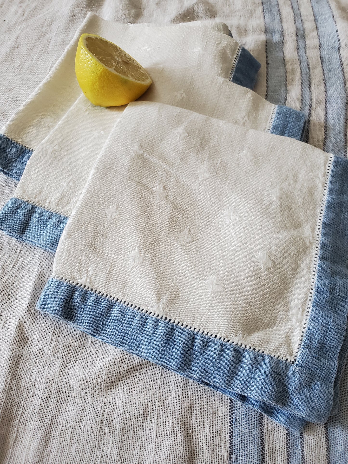 Set of 3 Blue and White Vintage Linen Napkins