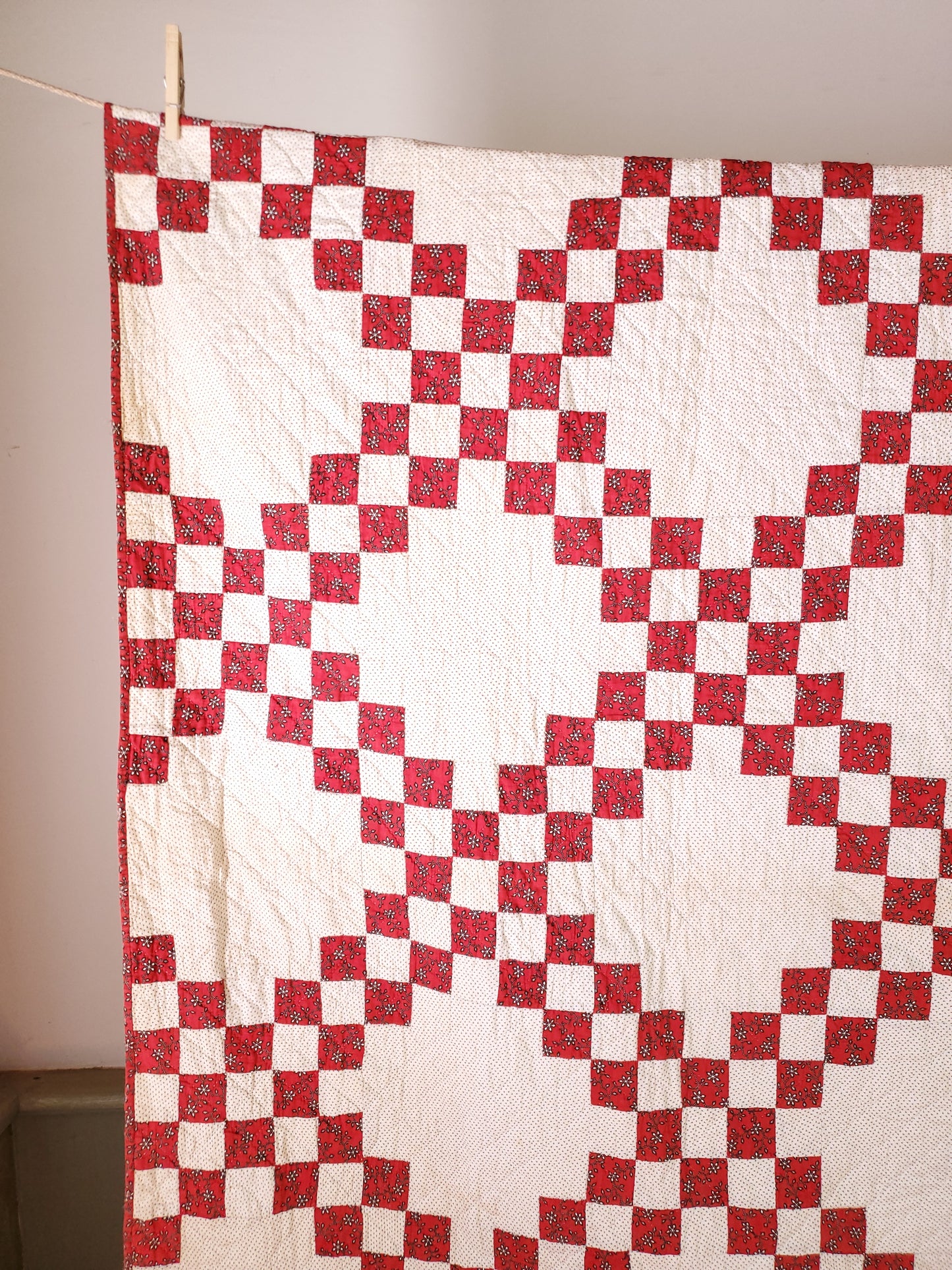 Antique Red and White Double Irish Chain Quilt, ca 1900