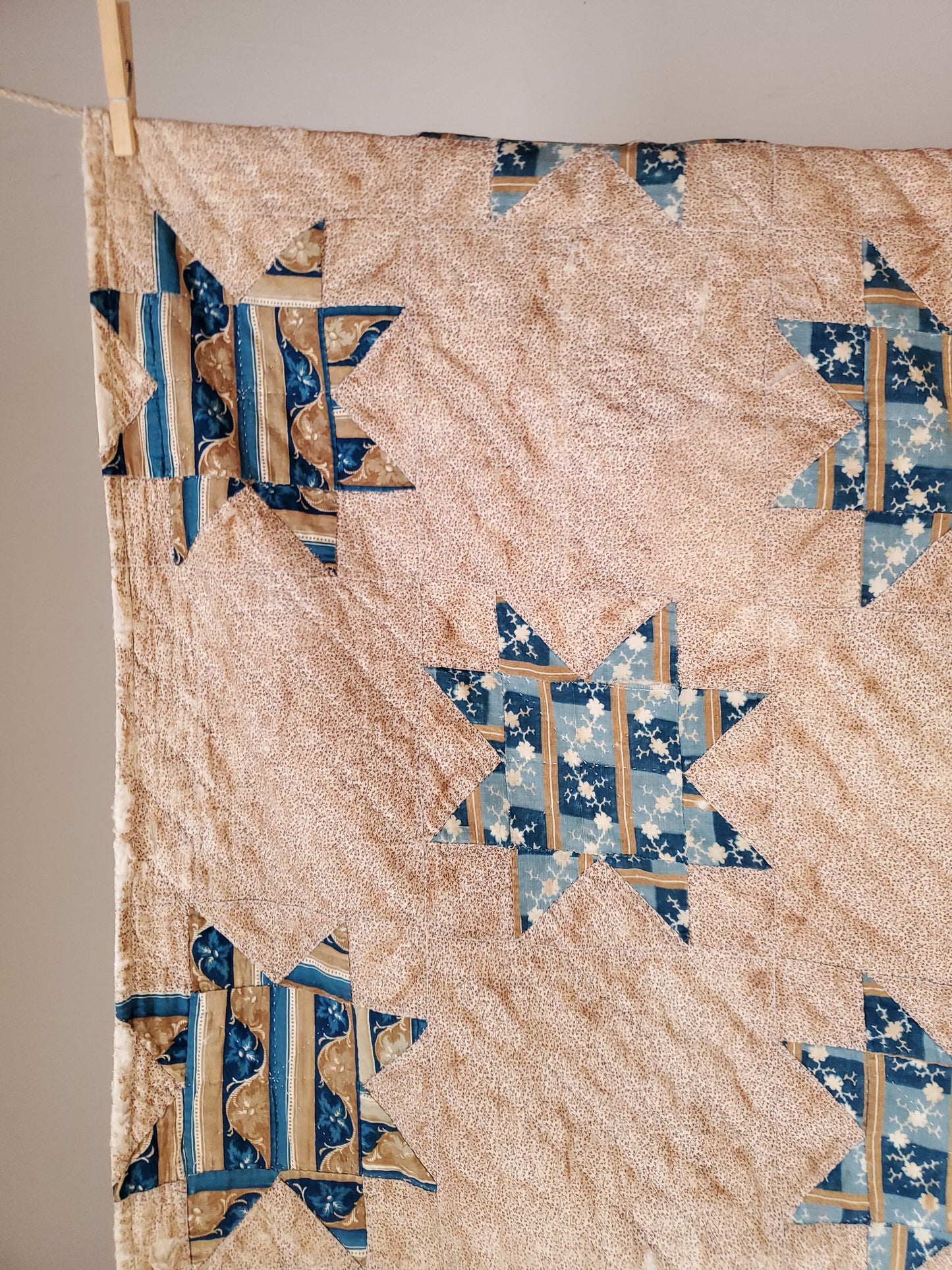 Prussian Blue Evening Star Antique Quilt, ca 1850