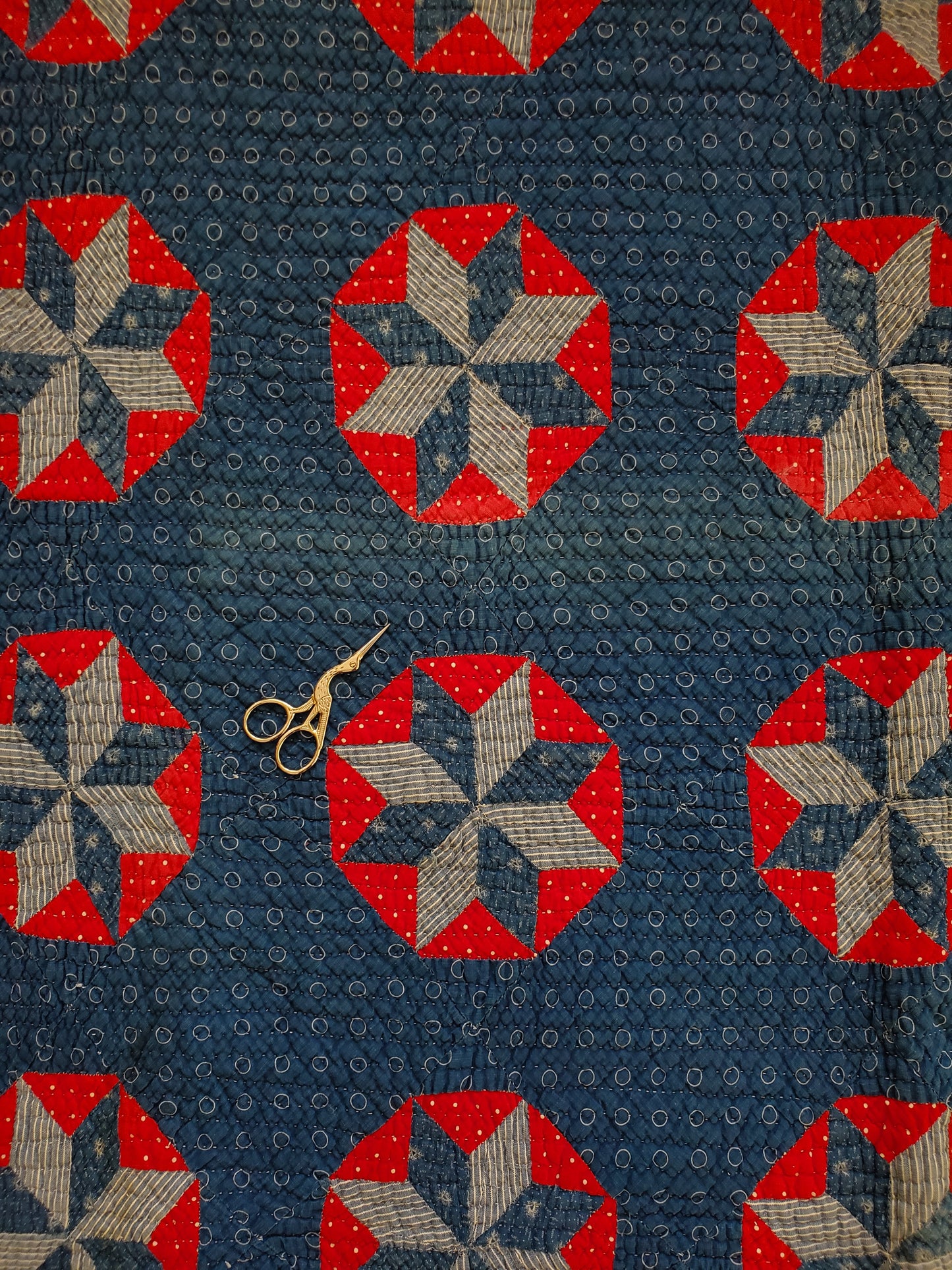 Stunning Red White & Blue Antique Star Quilt, ca 1900