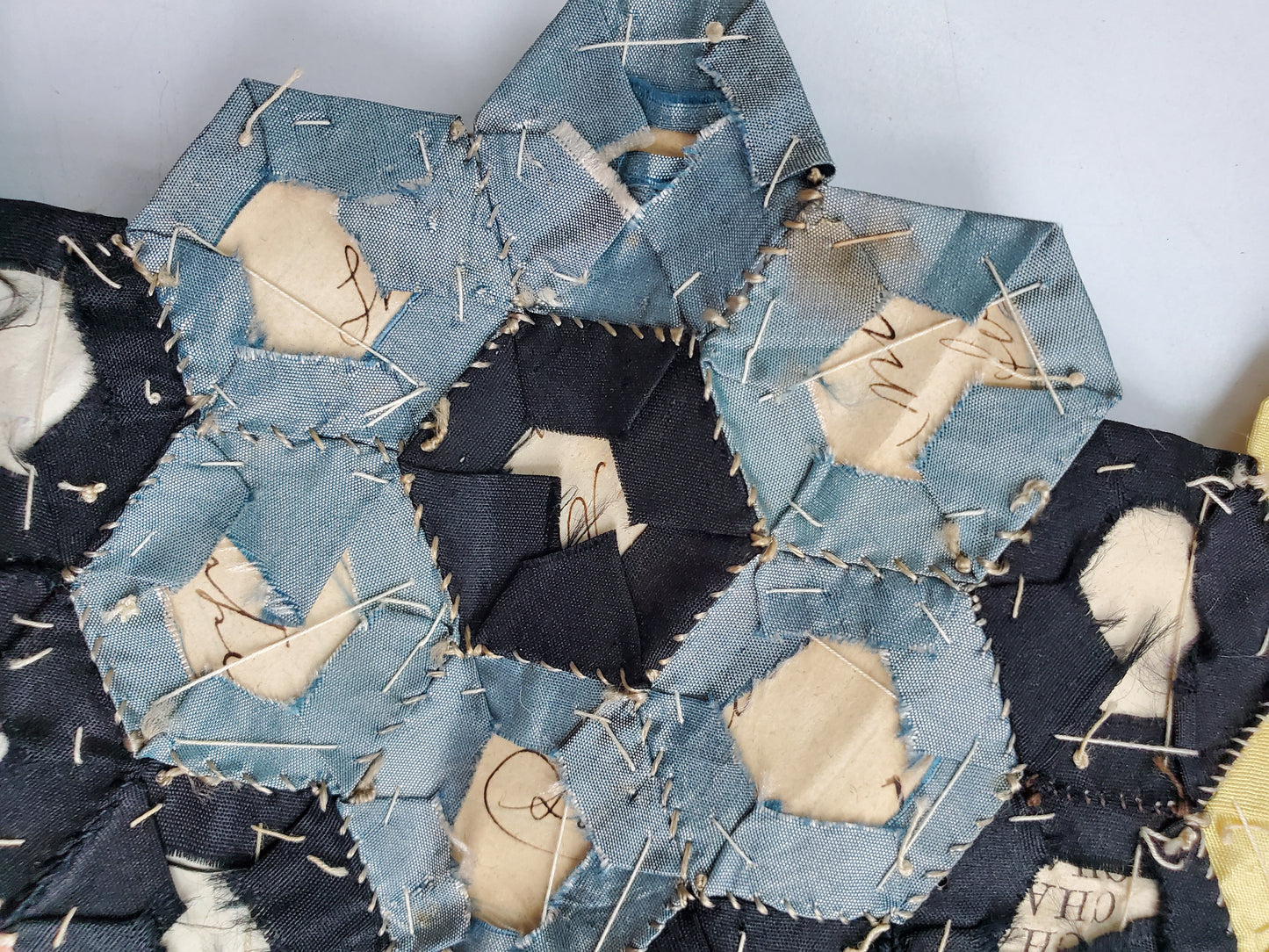 Small Section of Paper-pieced Silk Hexagon Flower Quilt with Antique Letters