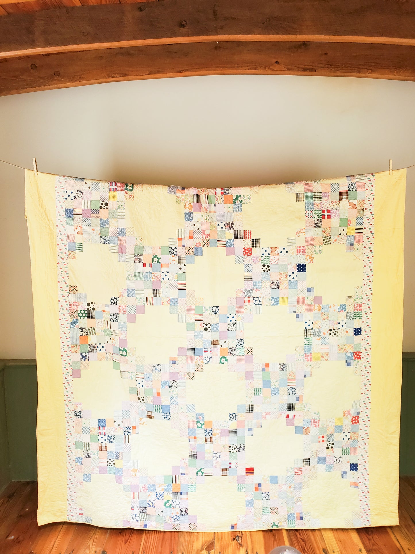 Vintage Yellow Triple Irish Chain Quilt, ca 1939