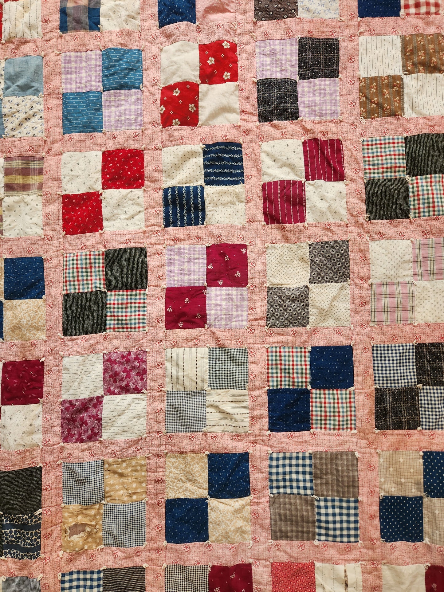 Vintage Four Patch Hand Tied Comforter Quilt c1930