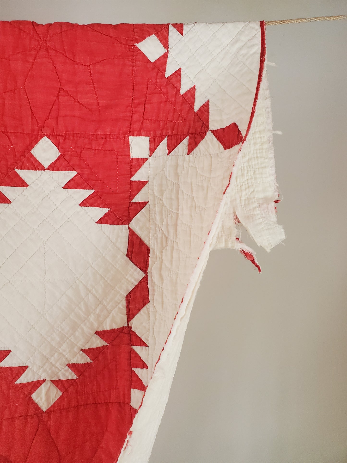 Turkey Red & White Feathered Star Antique Quilt, ca 1900