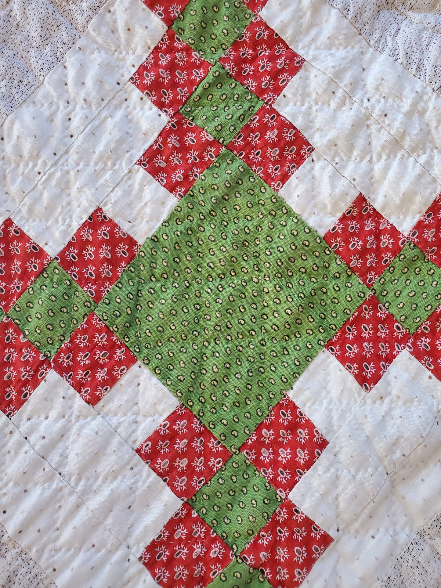 19th Century Red & Green Irish Chain Hand Pieced and Hand Quilted Antique Quilt