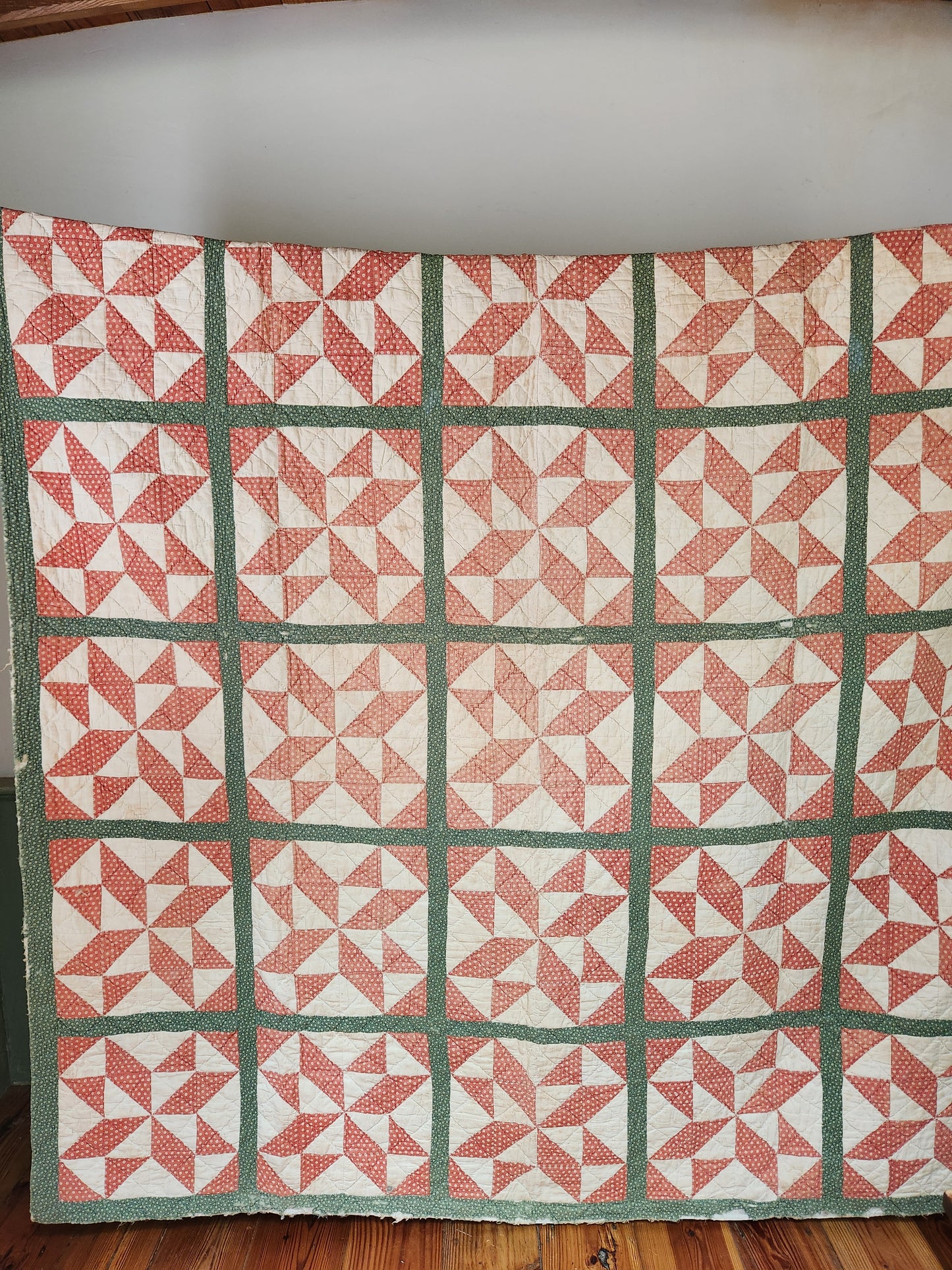 Antique Patchwork Quilt in Green & Red