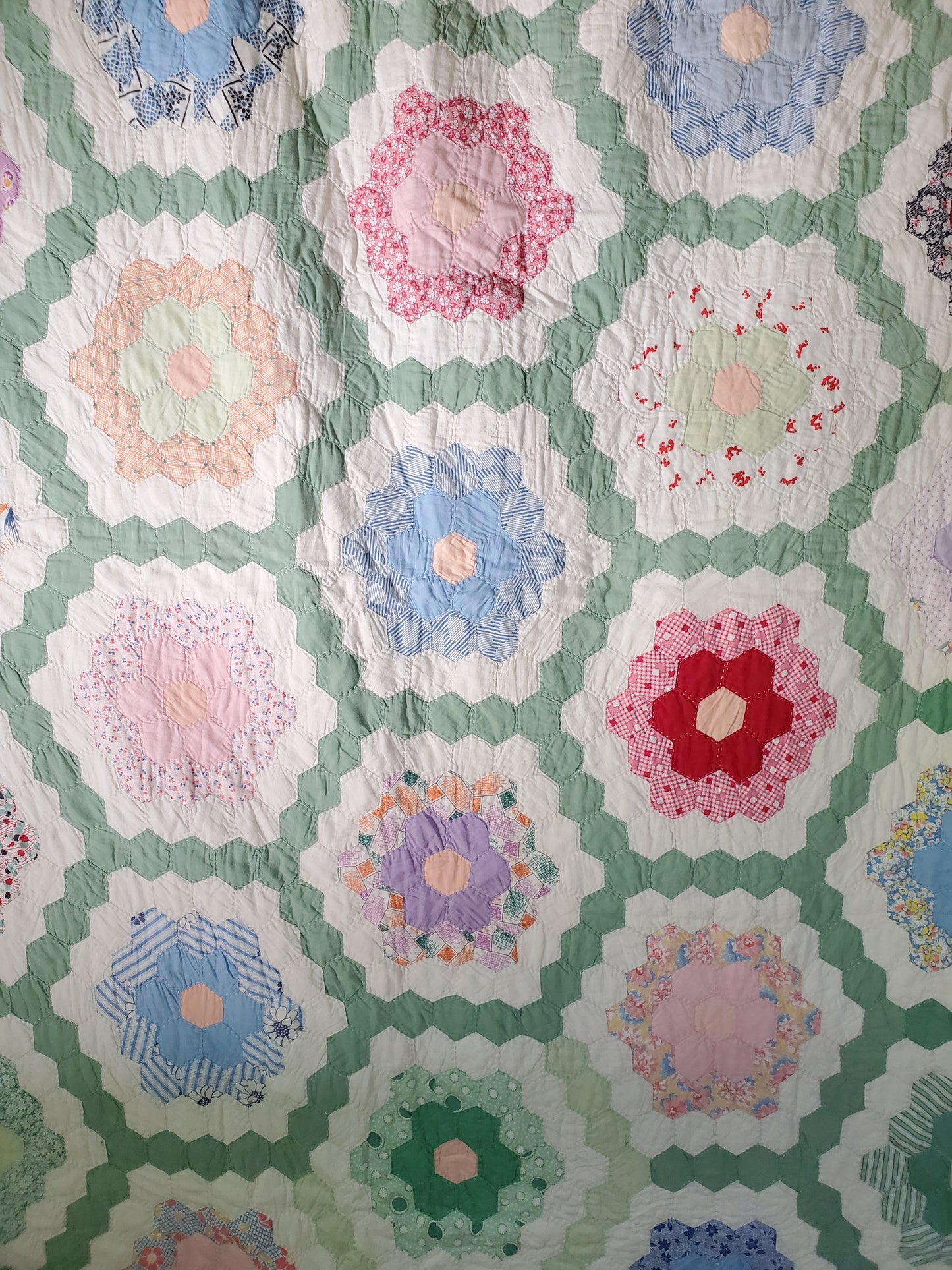 Green Garden Path Feed Sack Quilt, ca 1930