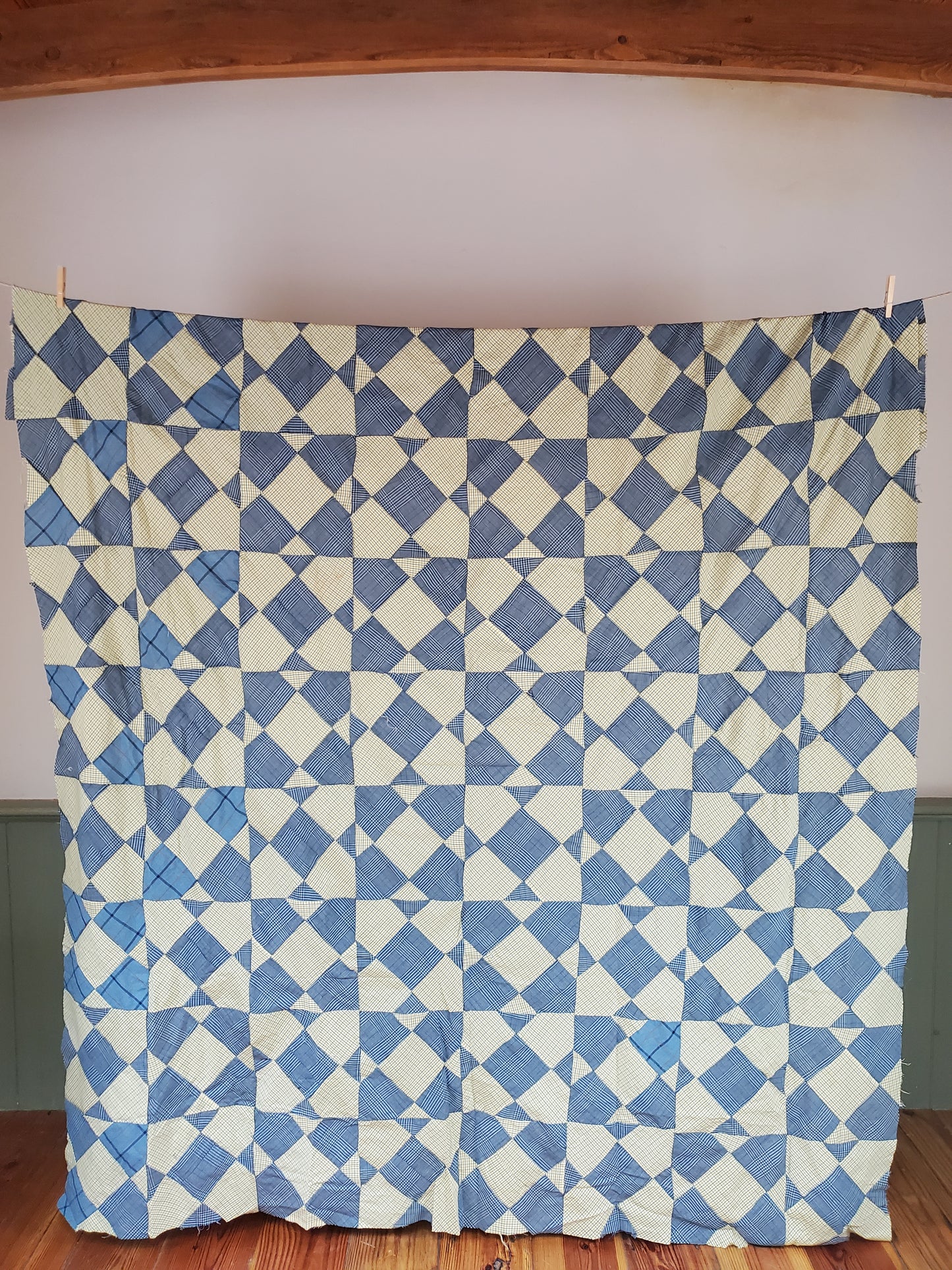 Vintage Blue & Lime Shirting Quilt Top