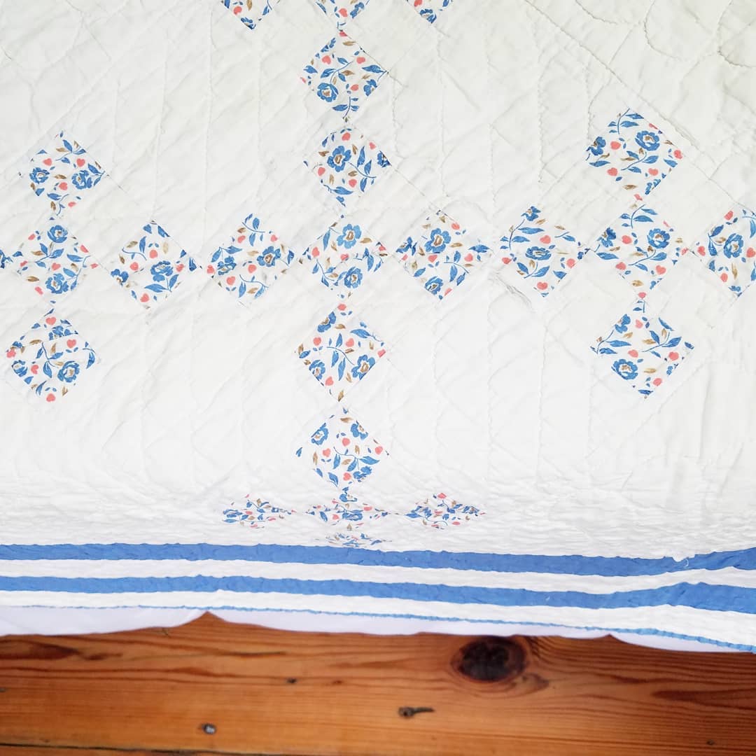 White and Blue floral Nine Patch Quilt