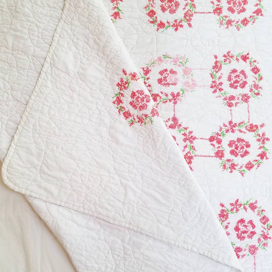 Floral Crosss Stitch Embroidered Quilt