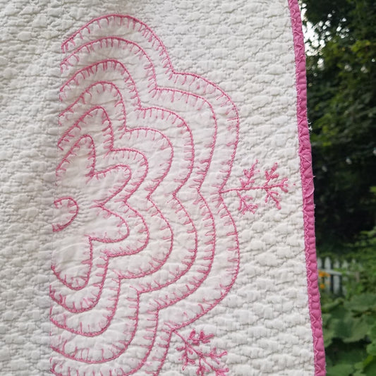 Pink Applique and Embroidered Quilt