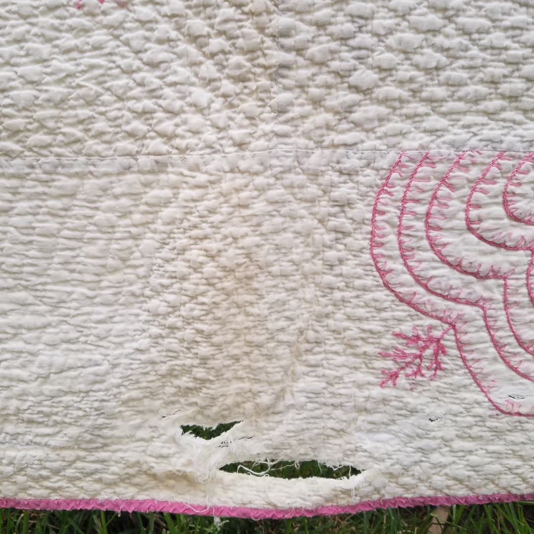 Pink Applique and Embroidered Quilt