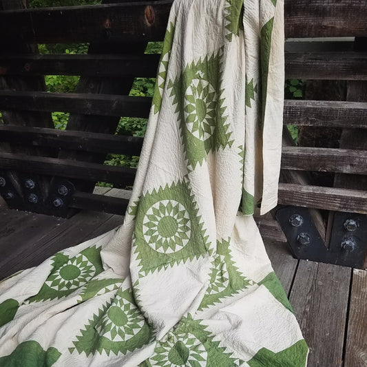 19th Century Green and Cream Sunflower Quilted Coverlet