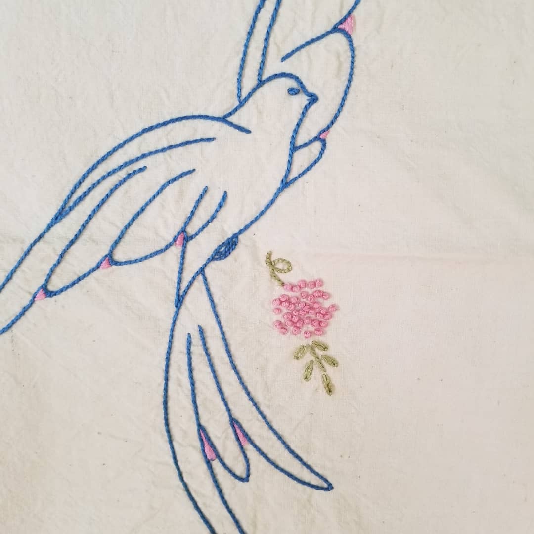 Hand Embroidered Dove Coverlet
