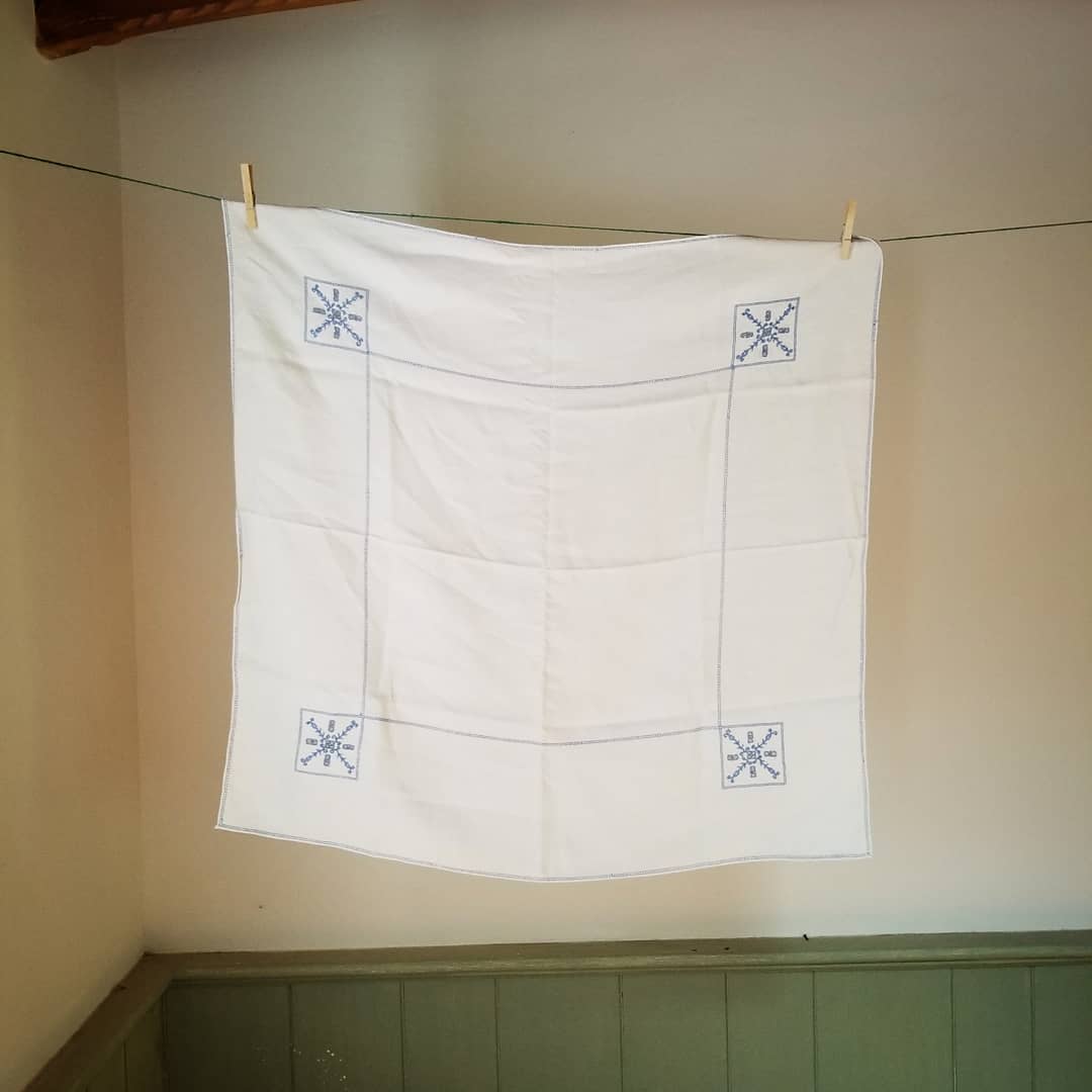 Antique, Blue, Embroidered Linen Cloth