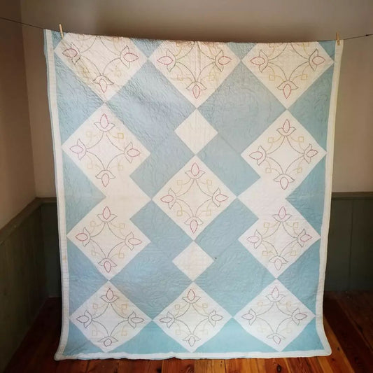 Antique Baby Blue Cross Stitched Quilt