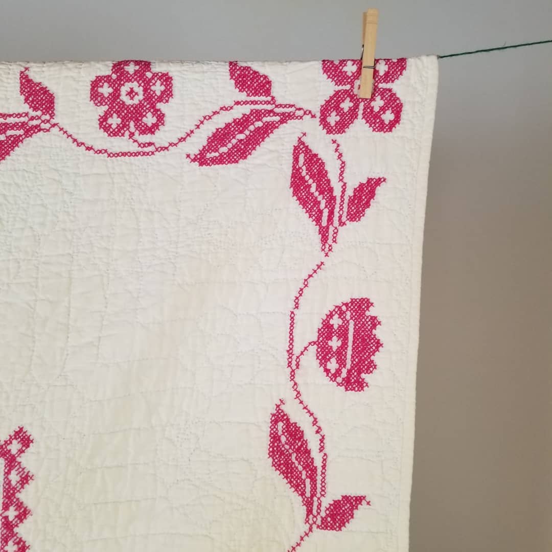 Fushia Cross Stitched Quilt