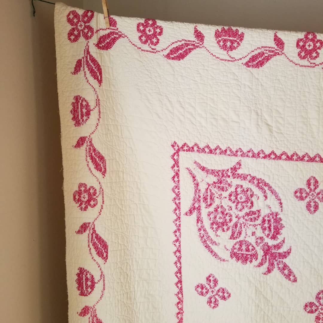Fushia Cross Stitched Quilt
