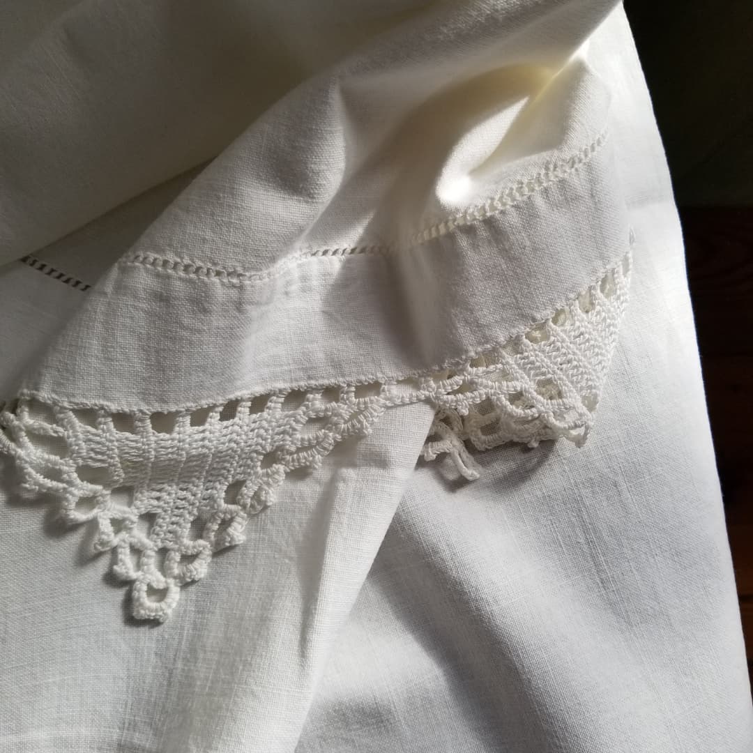 Antique Linen Cloth with Hand Crochet Edge