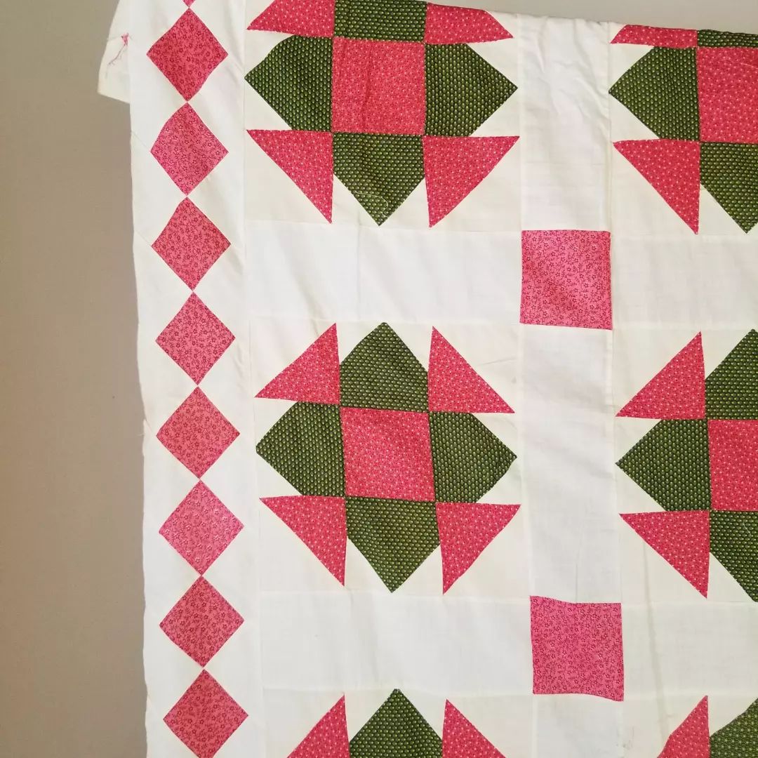 Double Pink and Green Calico Quilt TOP