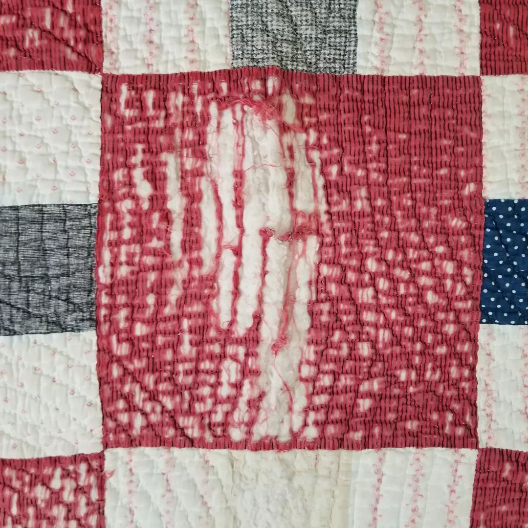 Red, Worn, 9 Patch Quilt