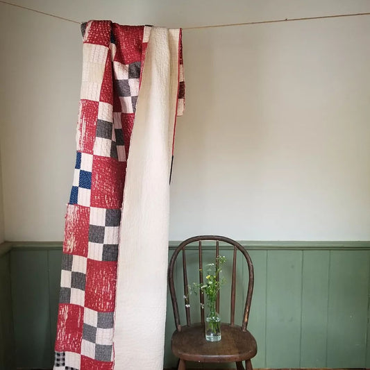 Red, Worn, 9 Patch Quilt