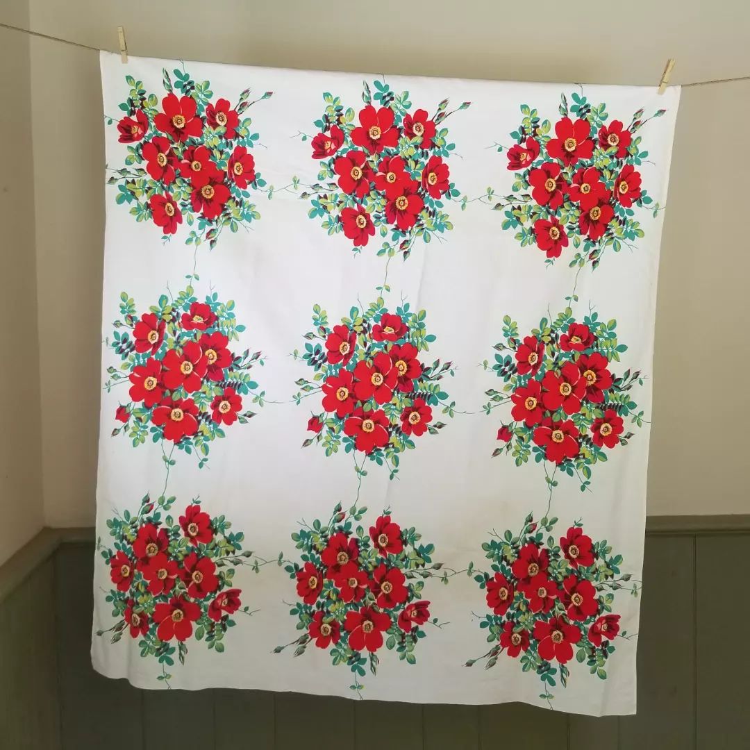 Red, Floral, Cotton Tablecloth