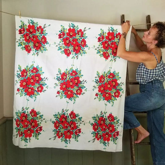 Red, Floral, Cotton Tablecloth