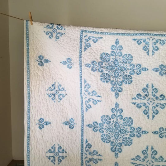 Blue and White Cross Stitched Quilt