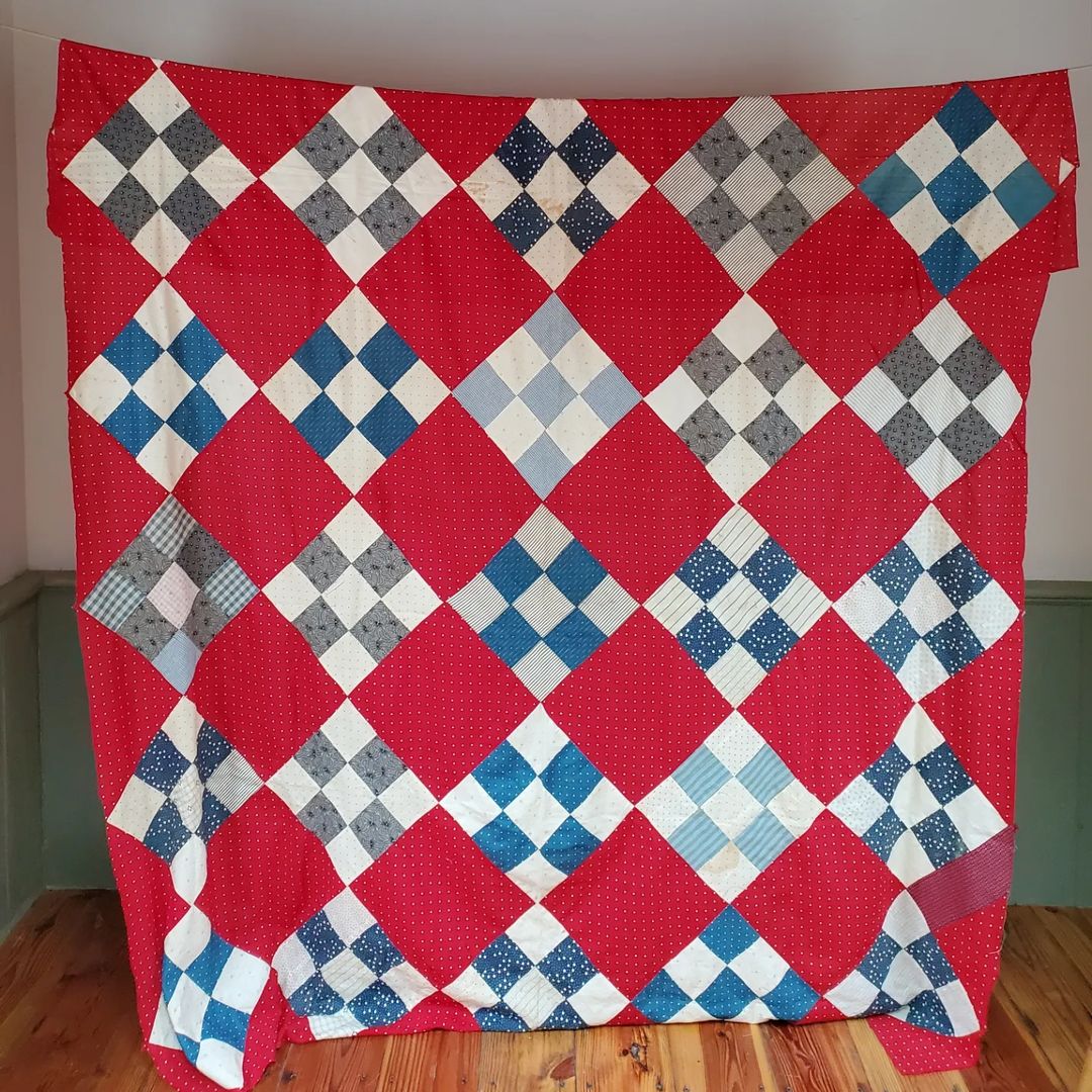 Red white and Indigo 9 Patch Quilt