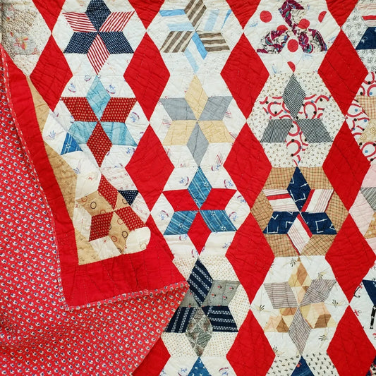 Early 20th Century Red White & Blue Star Quilt with Conversation Prints